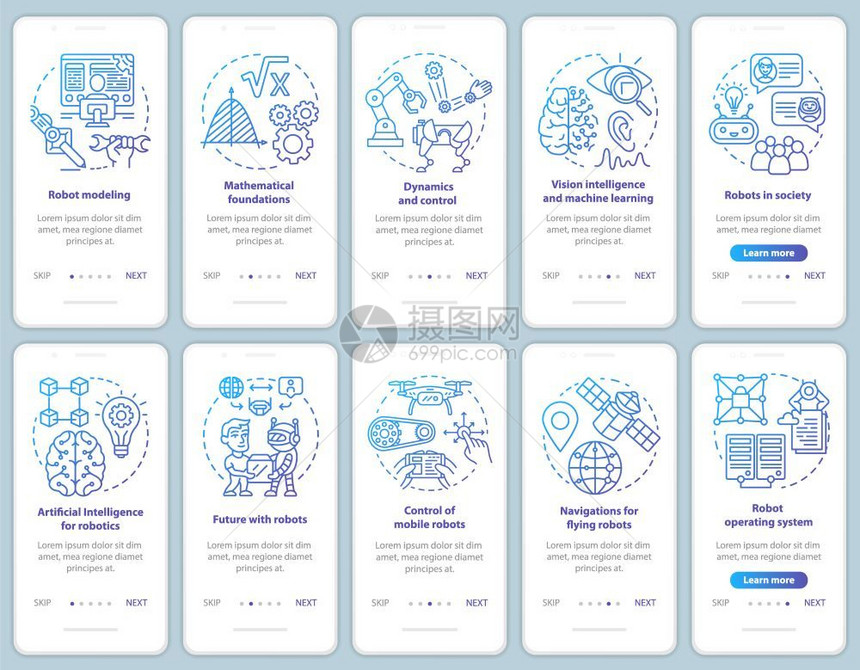 安装移动应用程序页面屏幕矢量模板集的机器人课程模型机器人开发带有线插图的漫步式网站骤uxig智能手机界面概念图片