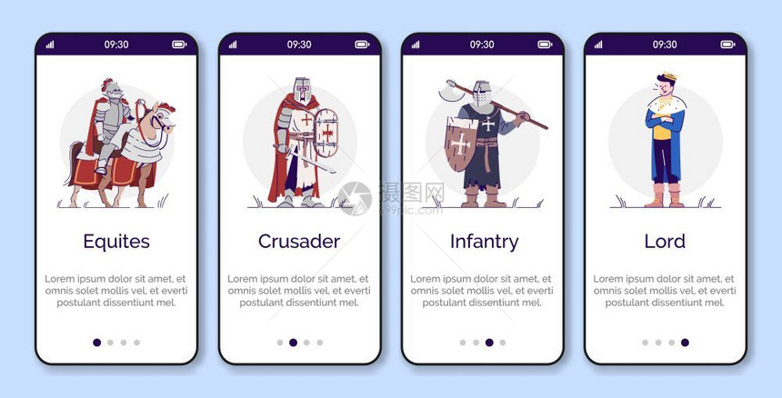 在移动应用程序页面屏幕矢量模板上登机的中世纪人四个带有平坦卡通人物的步行式网站骤老年国王和骑士uxig智能手机界面概念图片