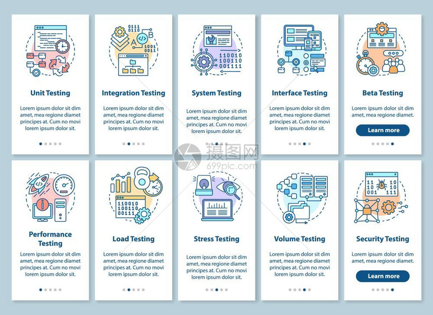 具有线概念的移动应用程序页面屏幕上安装软件测试能和可用分析通过步的图形指示uxi带有插图的gui矢量模板图片