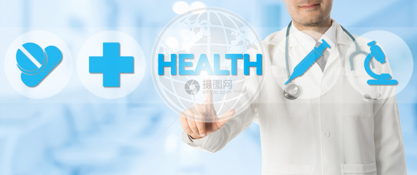 保健概念康方面的医生点上印有药丸十字医学和院实验室研究符号的图标以蓝色抽象背景进行图片