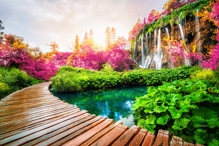克罗地亚自然美丽湖泊瀑布景观图片