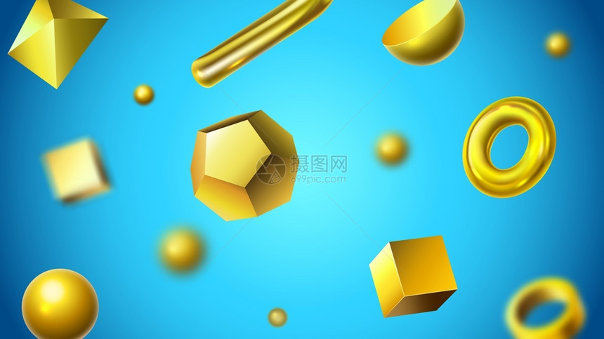 金色抽象3d几何形状闪亮的金形现实数字和抽象的金色现实几何形状横幅背景矢量图解3几何形状金色的物体现实的金形数字和抽象的背景矢量图片