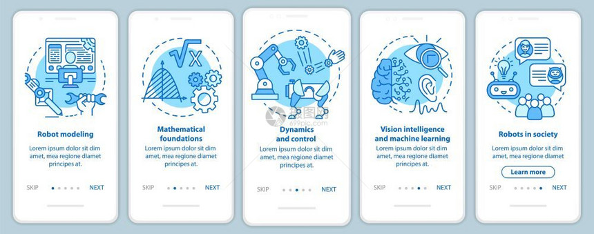 安装移动应用程序页面屏幕矢量模板的机器人课程研究机器人工程使用线插图通过网站步骤uxig智能手机界面概念图片