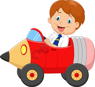 驾驶铅笔车的卡通男孩人物图背景图片