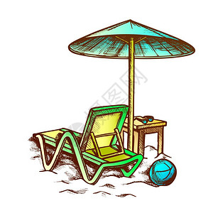 卡通复古带遮阳伞的沙滩椅图片