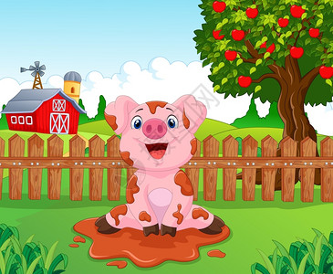 猪肉泥卡通在农场里的猪插画