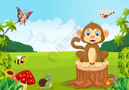 猴子拼图树森林中快乐的猴子插画