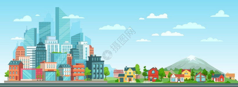 商业中心的城市和农村郊区卡通图背景图片