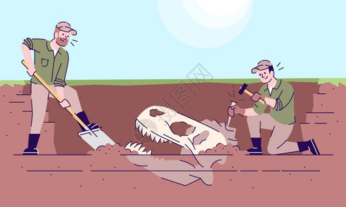 动物骨架考古工作者在挖化石插画