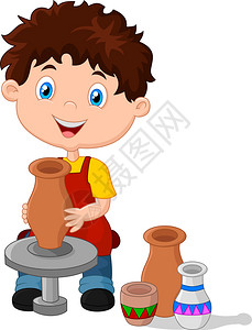 烧制陶器快乐的小男孩由陶罐车轮锅制成插画