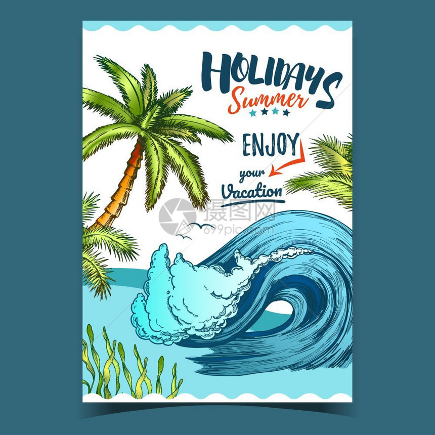巨型水浪海鸥和绿叶植物广告宣传海报图片