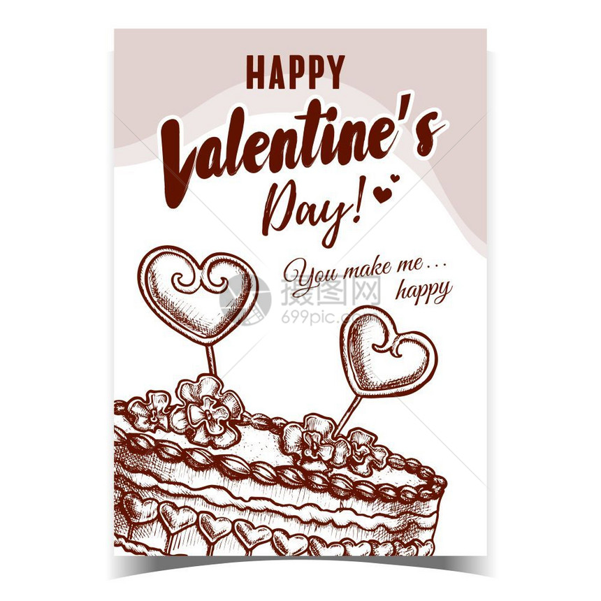 节日快乐的情人美味甜蛋糕和奶油淇淋爱的情侣模板手由古老风格单家庭插图绘制蛋糕装饰的红心和鲜花海报矢量图片