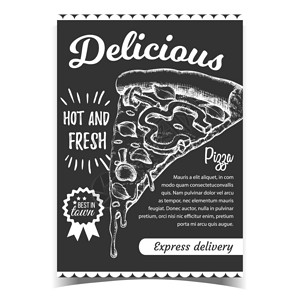笋片拌木耳切干酪披萨配有蘑菇成分的蜂蜜和辣椒叶红菜广告标语单色插图插画