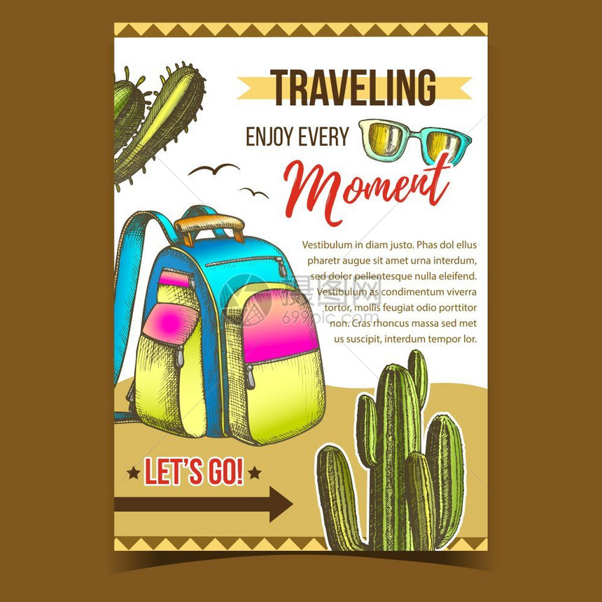 现代旅游背包用于行仙人掌太阳眼镜和鸟类旅游体育设备用于穿反式彩色图示的徒步旅行背包用于沙漠面旗矢量图片