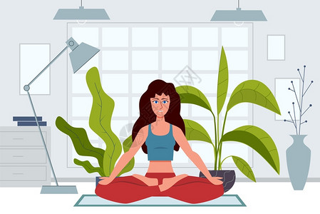 呼吸练习瑜伽角色妇女在家里练习变暖和伸展对自然进行冥想对自然进行身体和精神练习使病媒健康放松积极概念瑜伽角色妇女在家里练习变暖和伸展对自插画