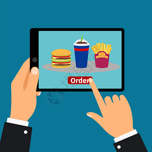 手触摸屏幕手持平板食品快餐订购矢量图插画