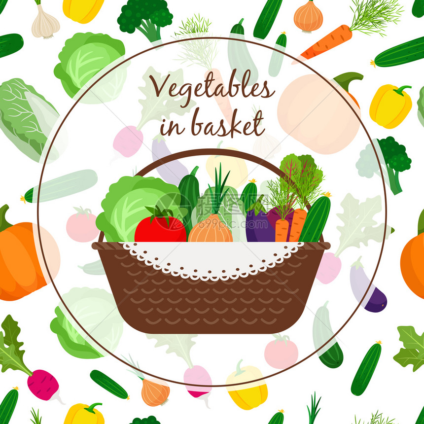 带蔬菜篮子的秋季收获背景矢量说明带蔬菜篮子的图片