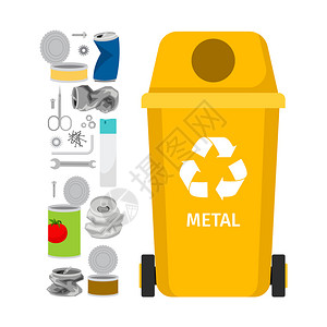 金属回收黄色垃圾桶含有金属垃圾元素插画