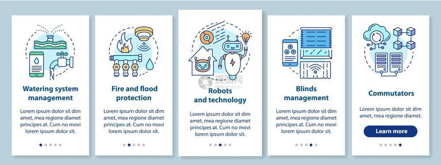 具有线概念的移动应用程序页面屏幕上的智能房屋自动控制家用电器通过步的图形指示uxi带有插图的gui矢量模板图片