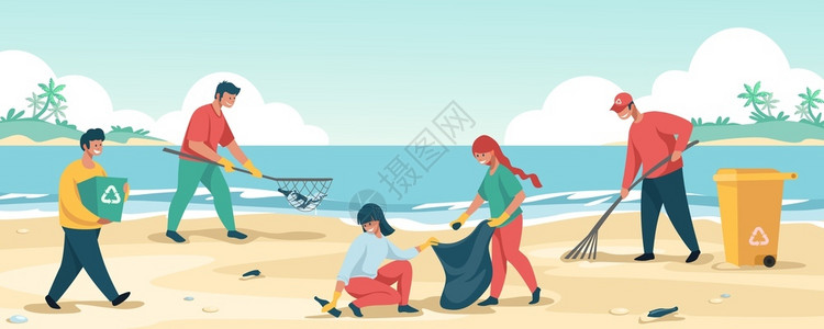 海滩垃圾收集垃圾和保护环境的卡通人物插画