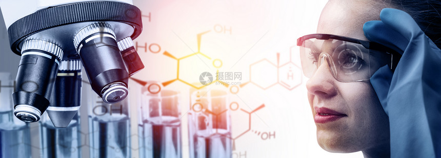 研发概念科学和医实验室仪器显微镜用于生物学的试验管和玻璃瓶以及用于医学研究的实验室化学双重接触图像图片