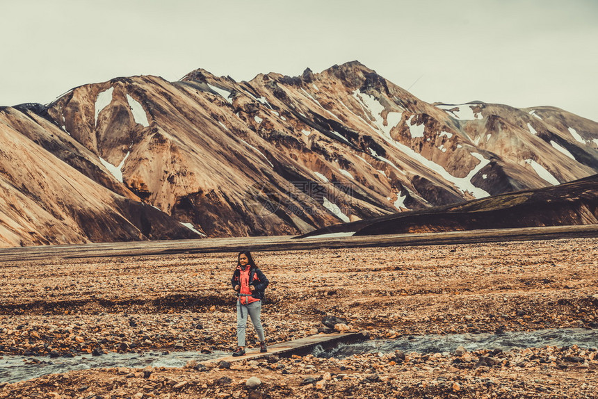 在高地冰原上的徒步旅行者图片
