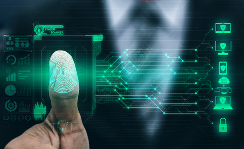 手指密码数字安全概念和使用指纹扫描仪获取私人数据背景