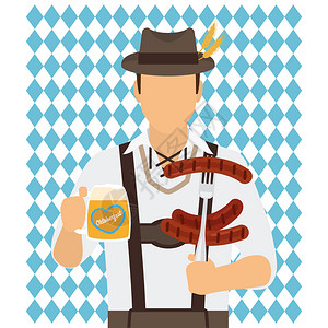 慕尼黑啤酒具有啤酒和香肠矢量插图的传统乐风人物插画