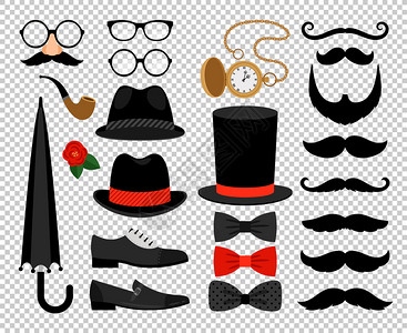复古风格眼镜古老男子圆顶帽和弓领带胡子雨伞木棍和眼镜矢量说明在透的情况下被隔离插画