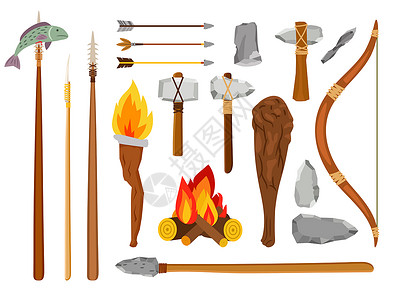 白色背景的原始洞穴人元素史前野蛮工具石斧火和大矢量图解背景图片