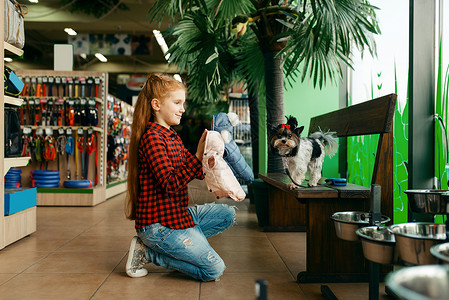儿童在宠物店购买设备家畜的配件宠物店寻找狗的衣服图片