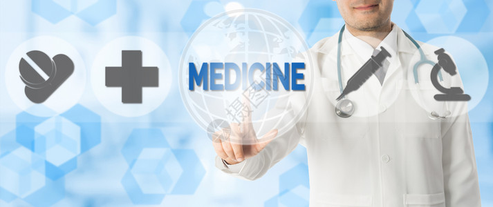 医学和药概念医学词中的生点数带有象征药物丸十字医学和院实验室研究的标志图以蓝色抽象背景进行背景图片