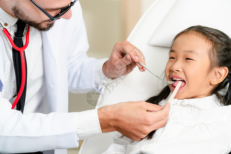 友好的年轻牙医在科诊所检查儿童牙齿图片