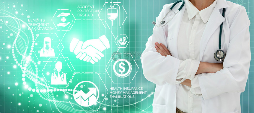 健康保险概念医院生与健康保险有关的图标形界面显示保健人员货币规划风险管理医疗和保险福利图片