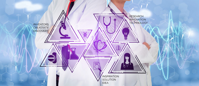 医疗保健研究与发展概念医院实验室具有科学保健研究图标的医生显示疗护理技术创新医学发现和保健数据的象征背景图片