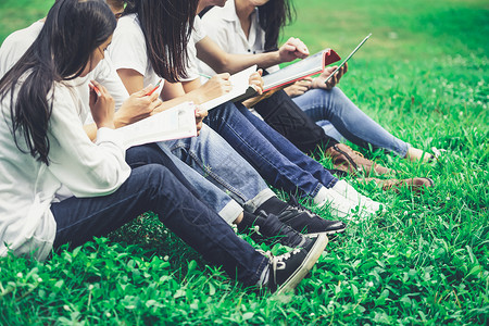 大学生坐在草地上学习交流图片