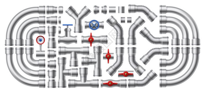 平的管道工程钢管道连接器和工业阀门矢量插图插画