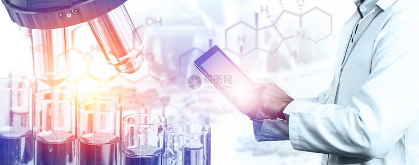 研发概念科学和医实验室仪器显微镜用于生物学的试验管和玻璃瓶以及用于医学研究的实验室化学双重接触图像图片