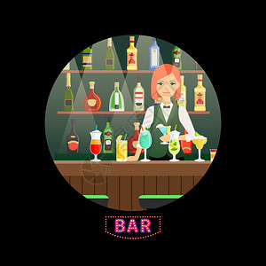 酒吧上酒服务员酒吧女服务员插画