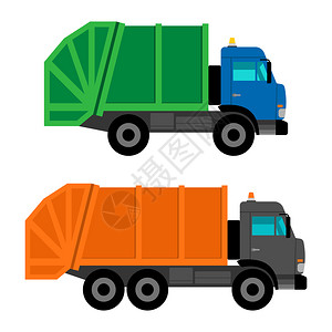 绿色卡车白色背景的垃圾车卡通图插画