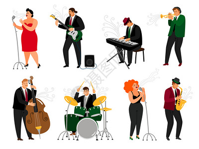 电鼓爵士乐演奏者有麦克风和友好钢琴演奏家黄铜萨克斯吉他音乐家和鼓手唱的女孩矢量插图插画