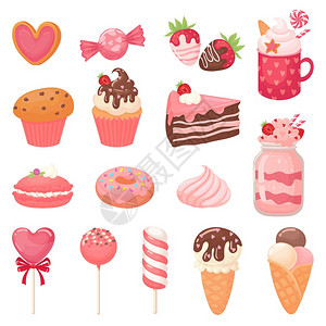 爱心杯子蛋糕爱心棒糖甜冰淇淋和草莓蛋糕糖果卡通矢量插图收集粉红色浪漫甜点和蛋糕马卡龙糖果可爱情人心卡通矢量插图插画