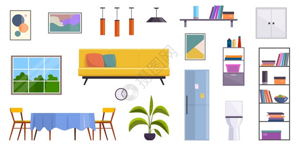 室内家具窗户灯和车间沙发桌椅书架冰箱马桶碗矢量器平板家具图片