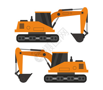 小型挖掘机小型桔色两轮长臂挖掘机设计对比图插画