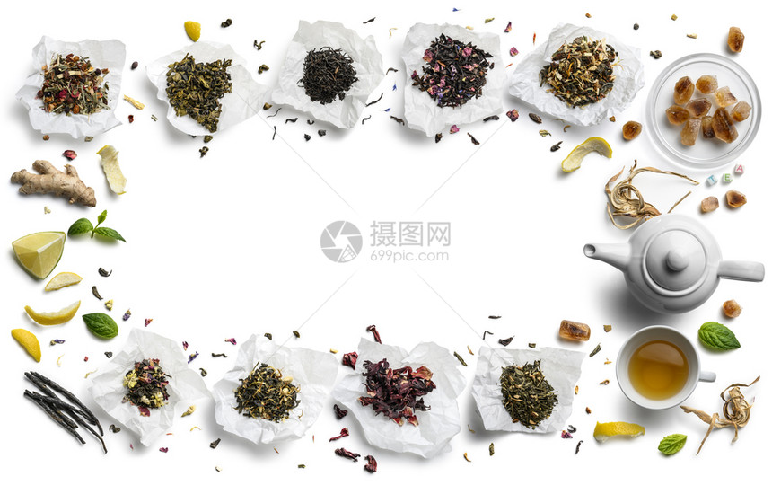 白色背景上的茶叶大组合俯视图图片