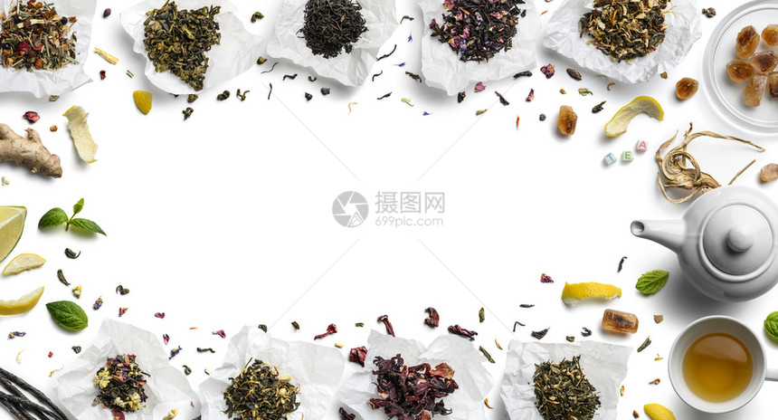 白色背景上的茶叶大组合俯视图图片