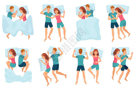 男女睡在一起健康的夜间睡眠矢量组合可爱的男女睡着卡通人物睡着男女在一起同床睡在一起健康的夜间睡眠矢量组合插画