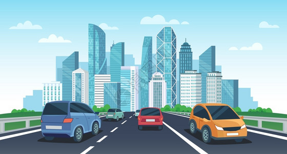 汽车驶往城镇市道路视角汽车和旅行矢量漫画背景图片