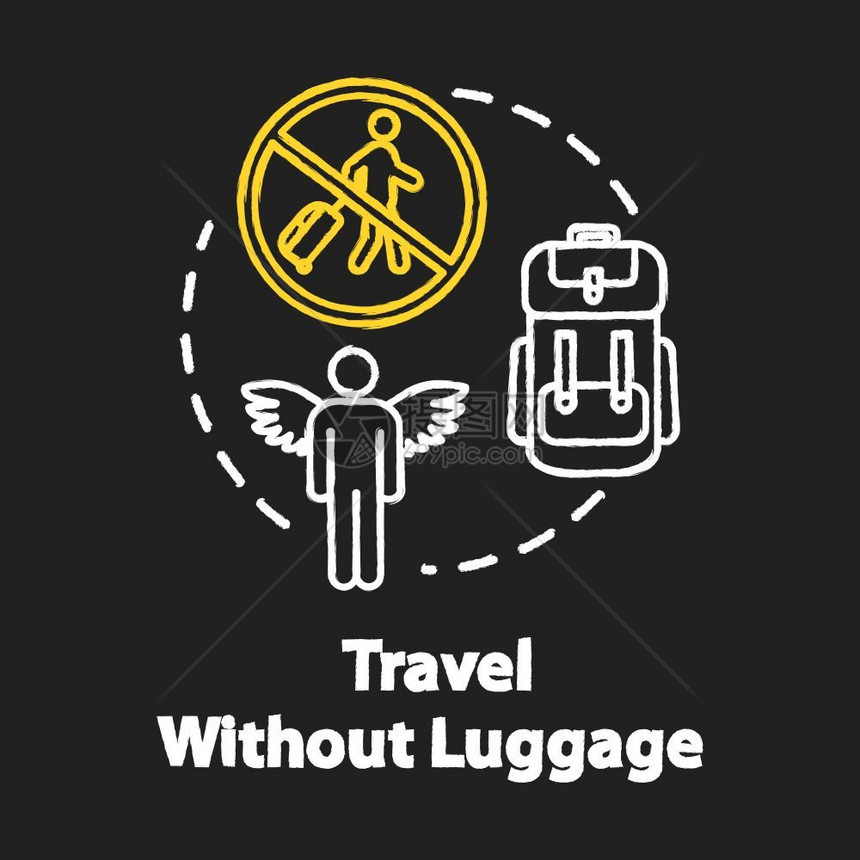 预算旅游没有行李费的想法没有手提箱的轻型旅行矢量在黑色背景上孤立的黑纸板插图图片