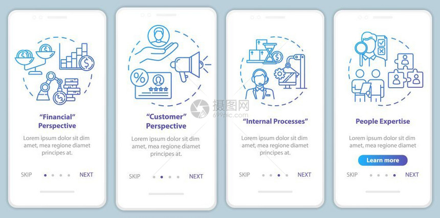 包含概念的移动应用程序页面屏幕上的财务视角人力资源营销横跨4步的图形指示ui矢量模板配有rgb颜色插图图片